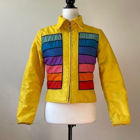 Vintage Yellow Rainbow Striped HEAD Ski Jacket Kids Size 10 Large or Ladies XXXS - Picture 2 of 4